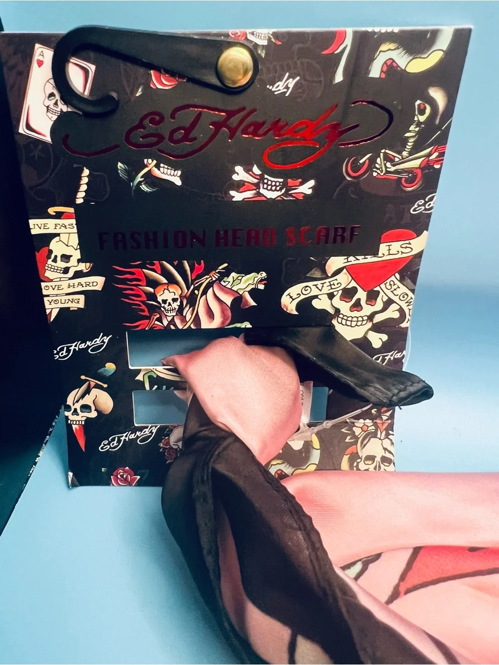 Ed Hardy Vintage Y2K Pink Silk-Feel Tattoo Print Skull & Roses Square Scarf NWT